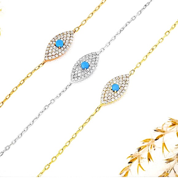 🔥sold🔥18k Solid Gold and Diamond Turquoise Evil Eye Bracelet - Picture 2 of 4
